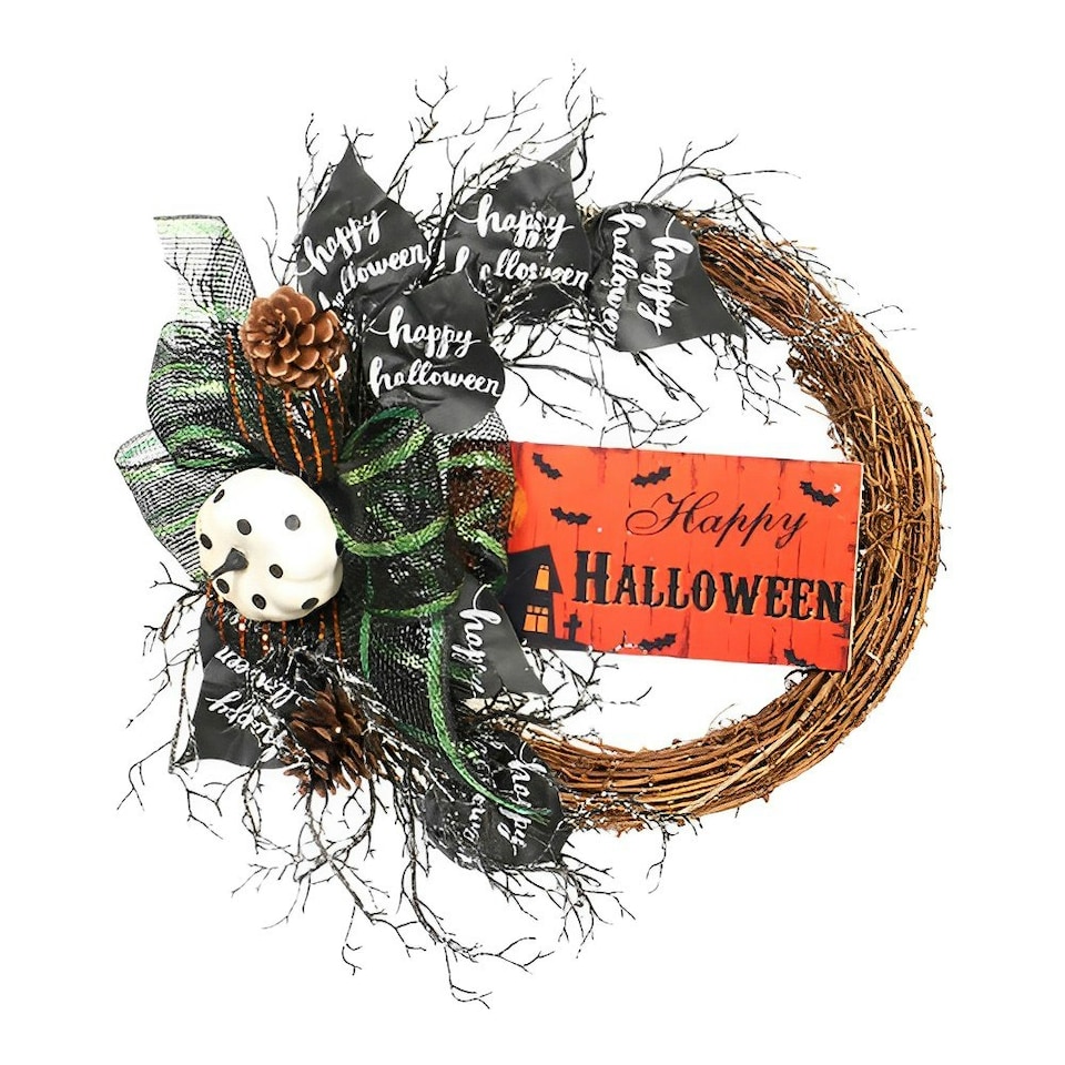 image 1 of Living and Home Halloween Rattan Wreath with Silk Bows - 40cm