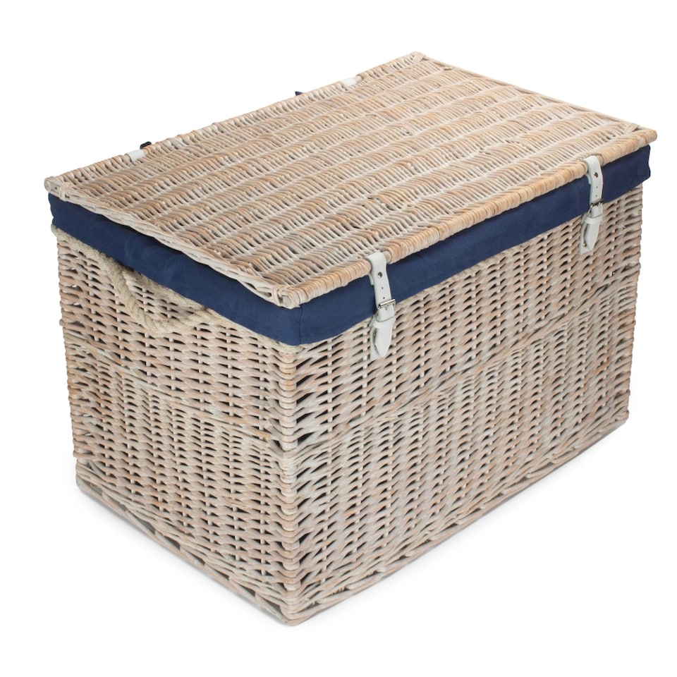image 1 of Large White Wash Storage Hamper With Navy Lining Wicker Basket | Blue | Blue