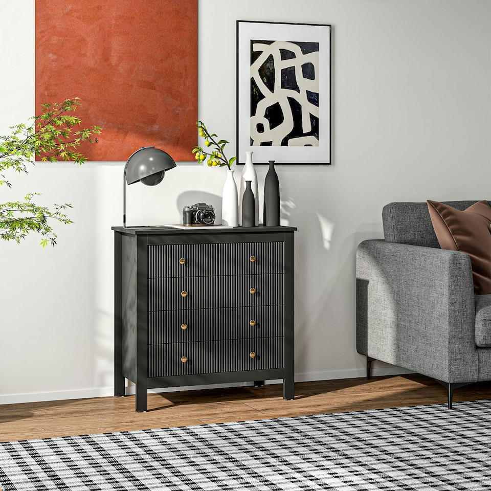 image 1 of HOMCOM Fluted Bedroom Chest of Drawers w/ 5 Drawers Gold Tone Handles Black