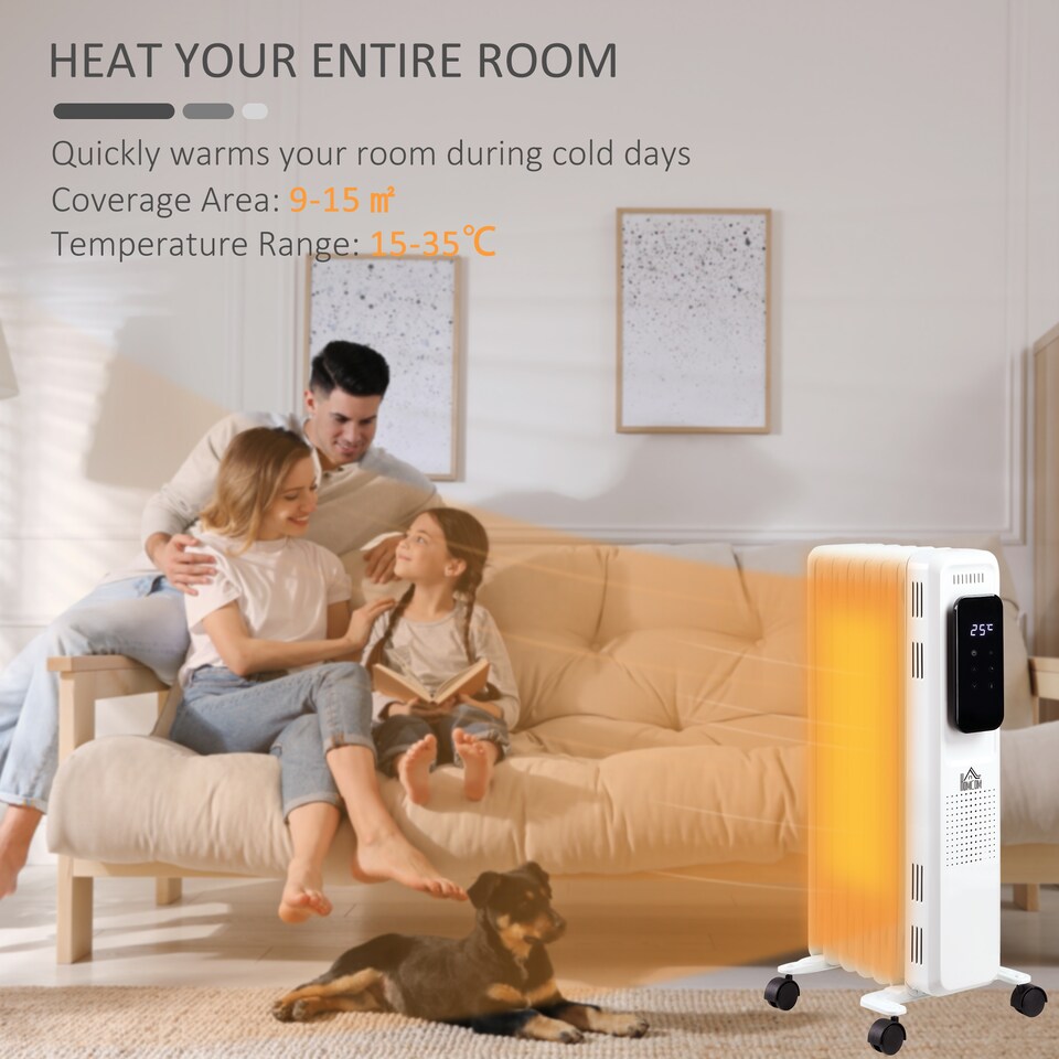 image 1 of HOMCOM 1500W Oil Filled Radiator, 7 Fin Portable Electric Heater with LED Display, 24H Timer, 3 Heat Settings, Adjustable Thermostat, Safety Cut off, Remote Control, White