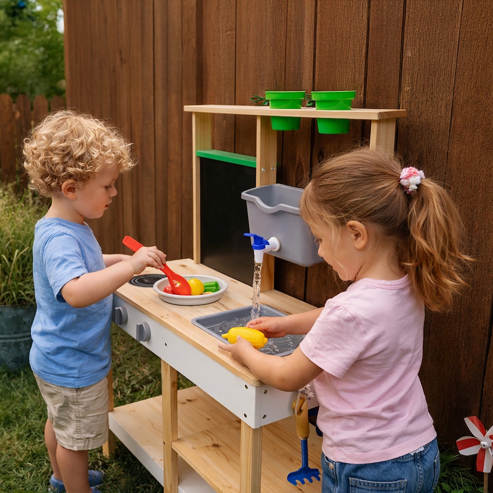 image 1 of Teamson Kids Mud Kitchen Outdoor Wooden Play Kitchen with Accessories