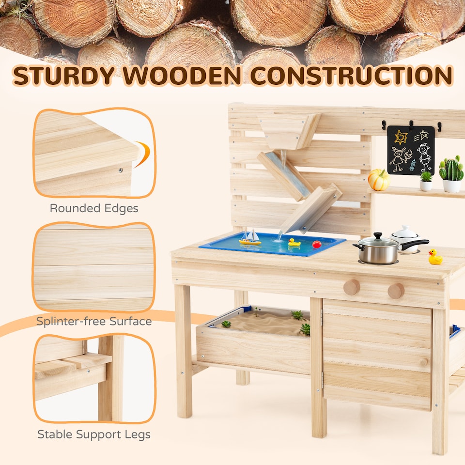 image 1 of COSTWAY Mud Kitchen Kids Outdoor Play Kitchen with Detachable Sandbox-Natural
