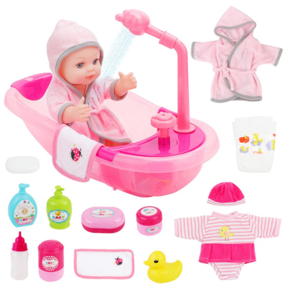 image 1 of Baby Doll Bath Set with Accessories 16 Piece Pretend Play Bath Time Toy with Bathtub Shower Clothes Rubber Duck and Toiletries