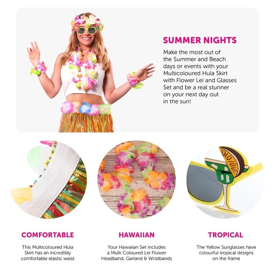 image 1 of Multicoloured Hula Skirt with Flower Lei & Glasses Set Multi | One Size