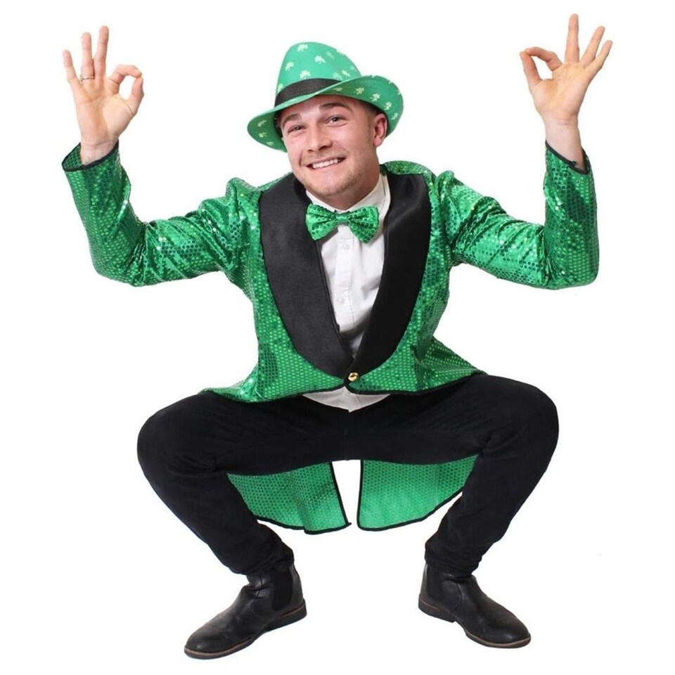image 1 of Irish Leprechaun Sequin Costume with Trilby Hat Green | 2XL