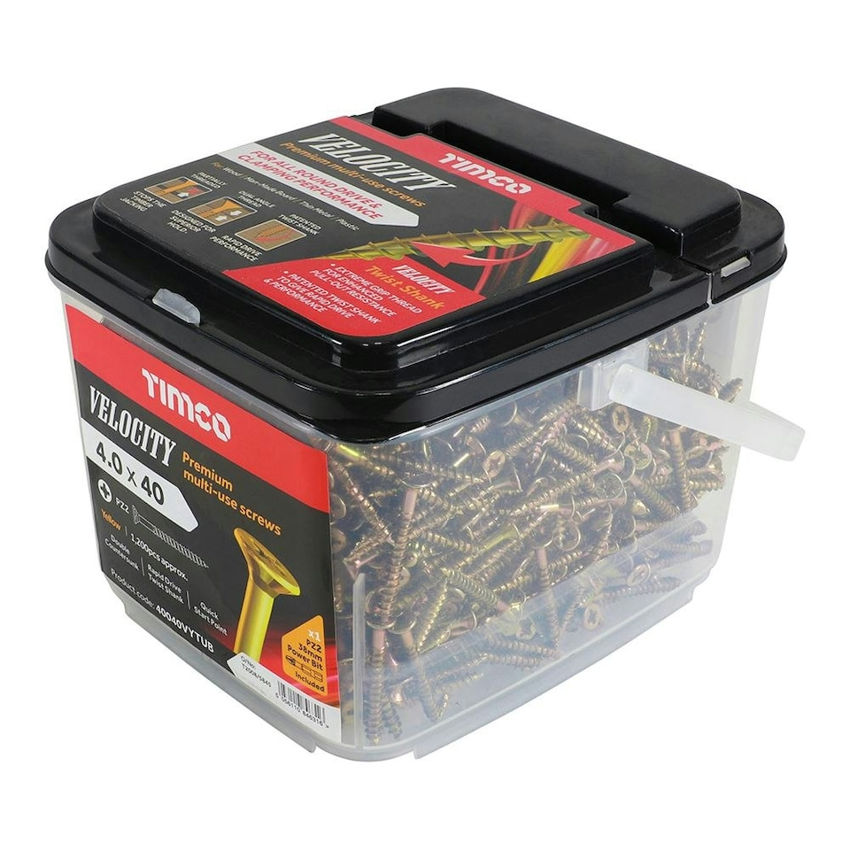 image 1 of Timco - Velocity Premium Multi-Use Screws - PZ - Double Countersunk - Yellow  (Size 4.0 x 40 - 1200 Pieces)