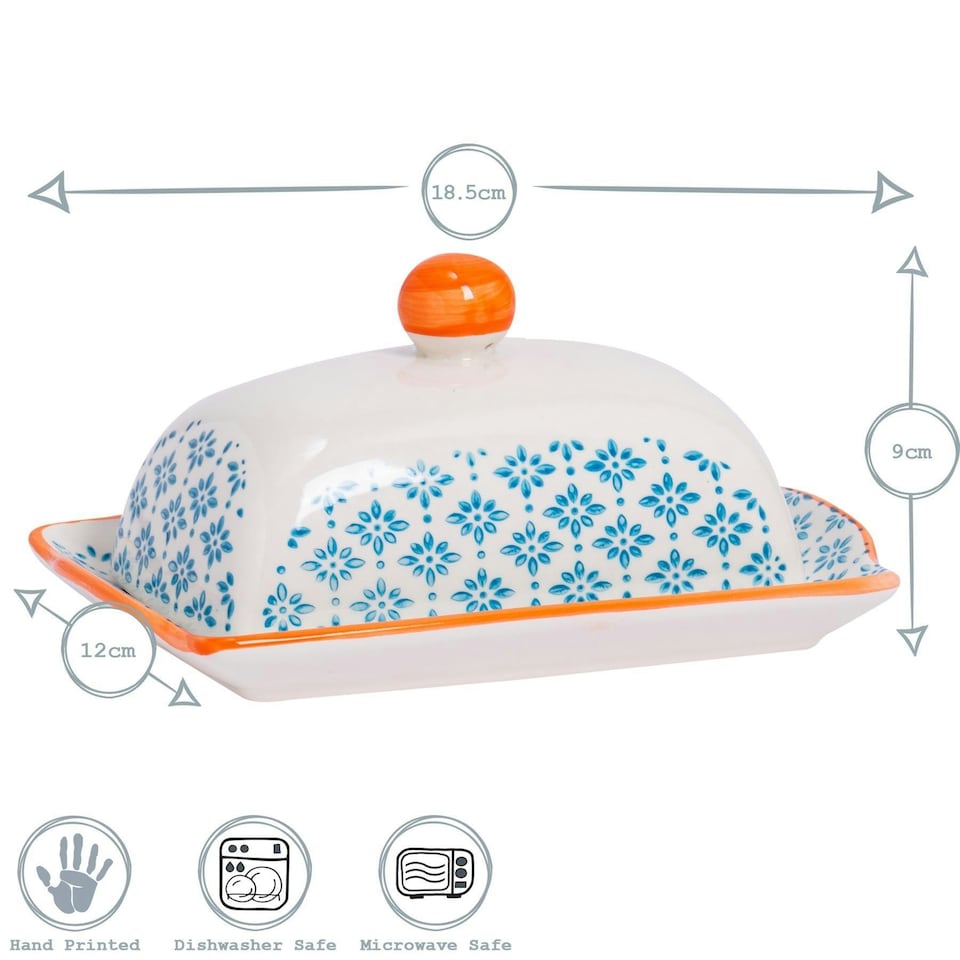 image 1 of Nicola Spring Hand-Printed Butter Dish - 18.5 x 12cm - Orange