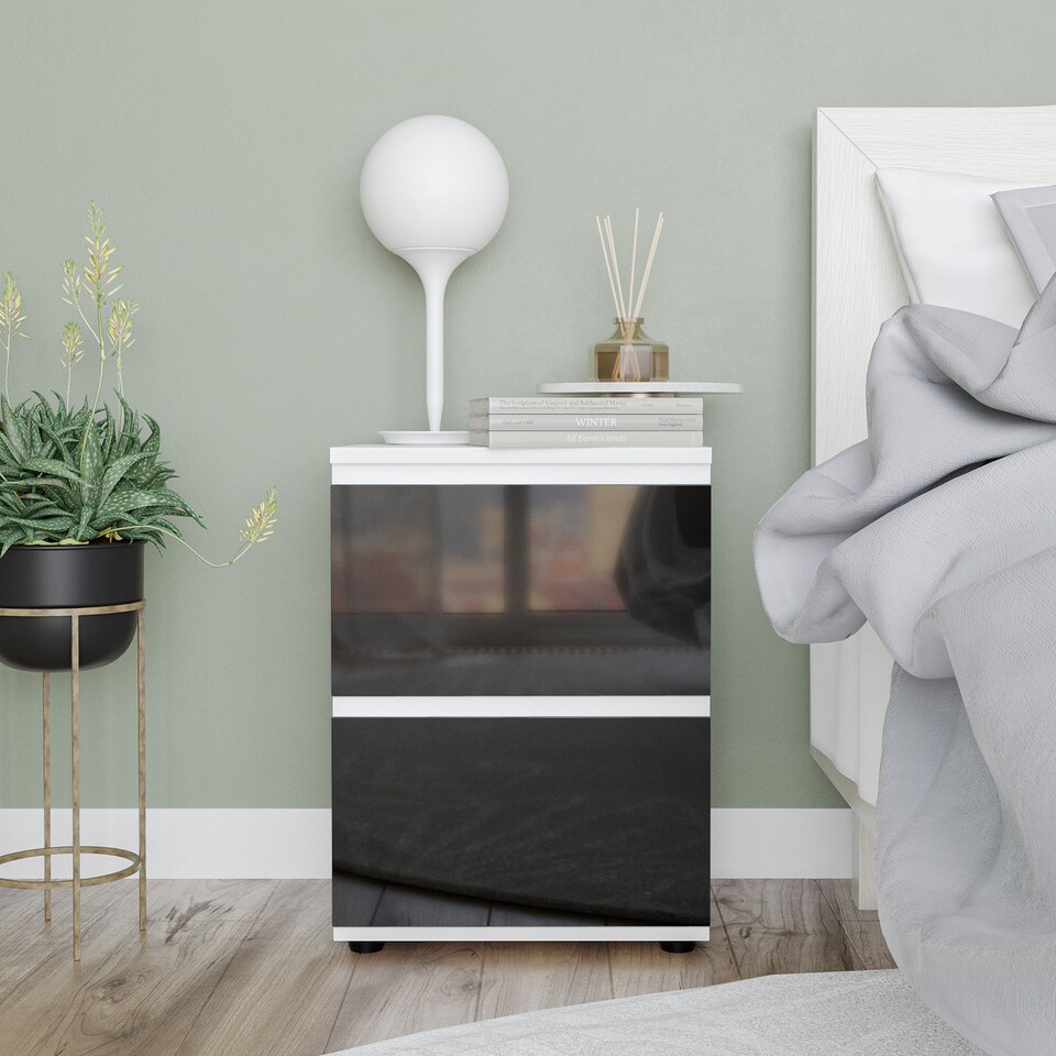 image 1 of Gloss 2 Drawer Skagen High Wooden Bedside Cabinet No Handle Drawer Storage | Multi | White & Black | 1