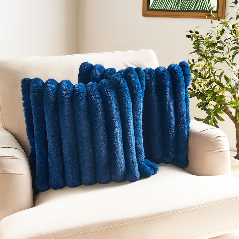 image 1 of OHS 2 Pack Jumbo Soft Faux Fur Ribbed Decorative Square Cushion Covers | Blue | Navy