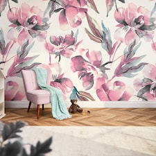 In Bloom Full Wall Mural in Watercolour Pinks | Pink | Watercolour Pinks | Large (300cm x 240cm), Extra Large (350cm x 240cm)