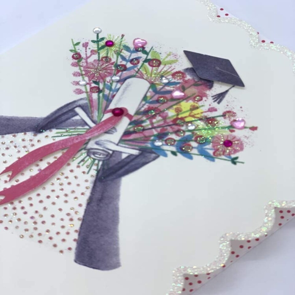 image 1 of Graduation Card Finished with Glitter and Diamantes Girl with Flowers