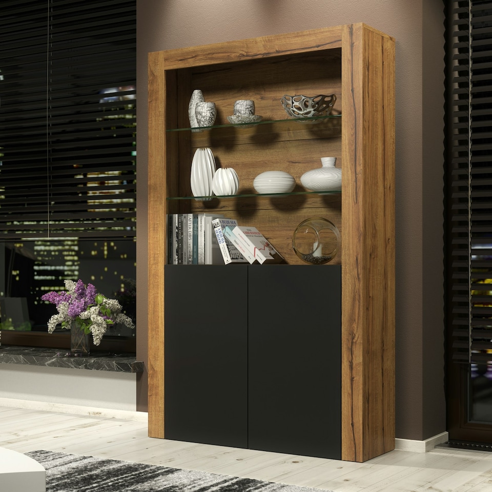 image 1 of Modern Display Cabinet with Glass Shelves | Living Room Storage Unit | Black High Gloss Cupboard Doors Multi | Oak & Black