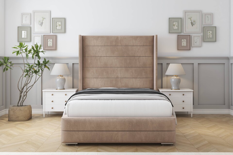 image 1 of Sloomy Sterling Mink Naples Bed Frame With 50" Upholstered Wingback Headboard 2'6 Small Single