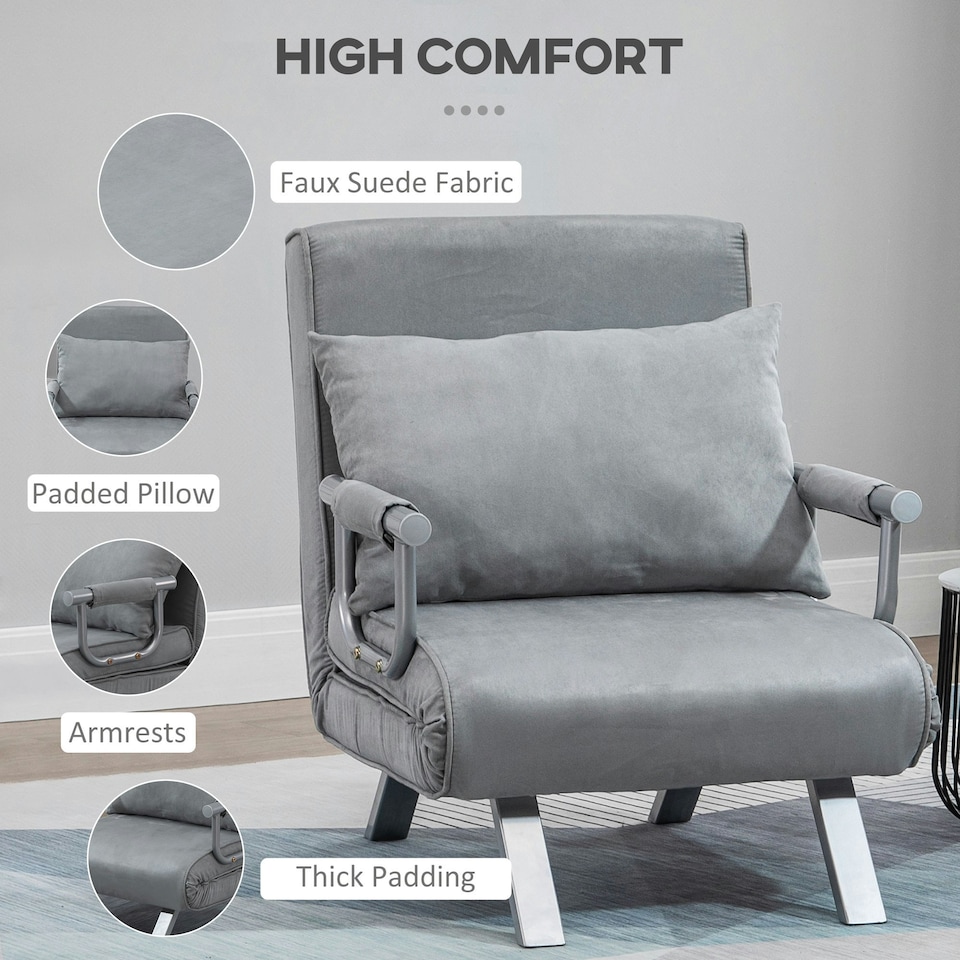 image 1 of HOMCOM Single Folding 5 Position Convertible Sleeper Chair Bed Light Grey