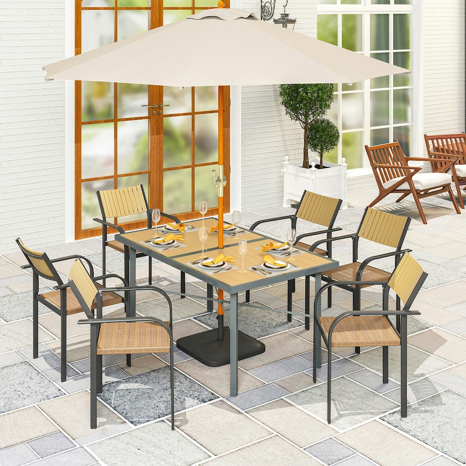 image 1 of Outsunny Dining Garden Table for 6 with 5cm Umbrella Hole Yellow | Natural wood finish