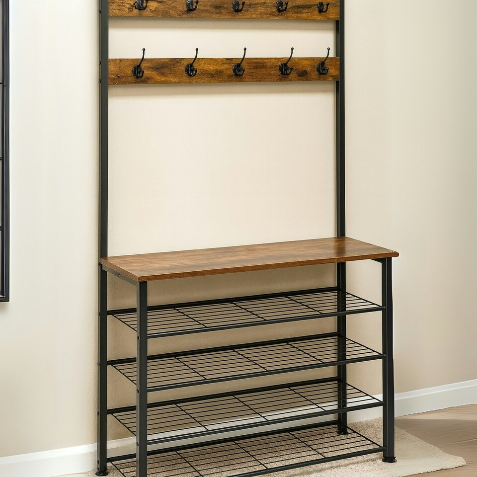 image 1 of Coat Rack Stand With 5 Tier Shoe Bench One Size