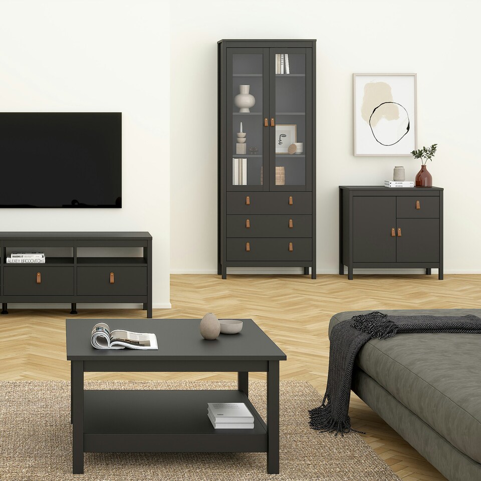 image 1 of Barcelona China Cabinet 2 Glass Doors with 3 Drawers in Matt Black