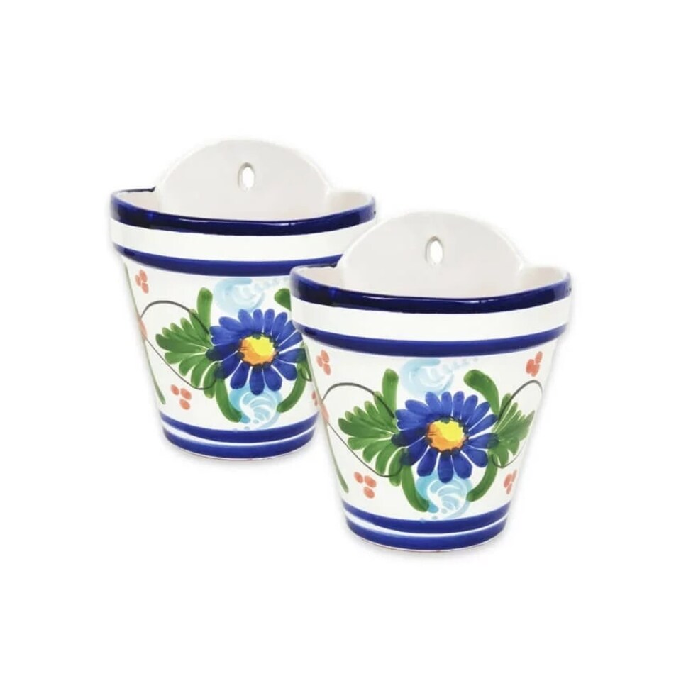 image 1 of Verano Spanish Ceramics Set of 2 Hanging Plant Pots - 22cm Floral Multi