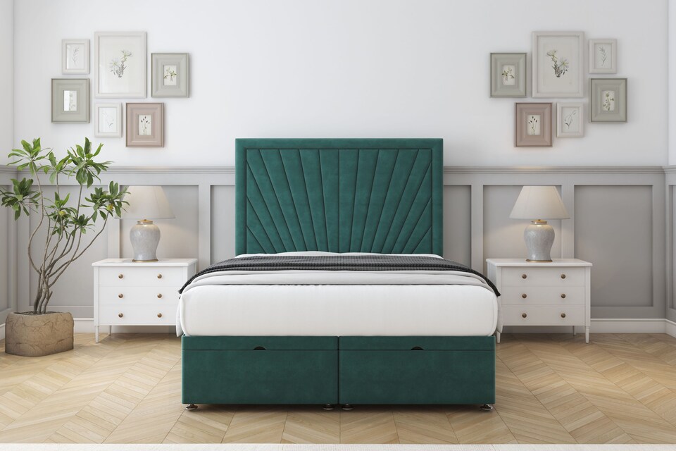 image 1 of Sloomy Somerset Emerald Plush Ottoman Bed Base With 54" Floor Standing Headboard 2'6 Small Single | Green | Emerald | Small Single | 1