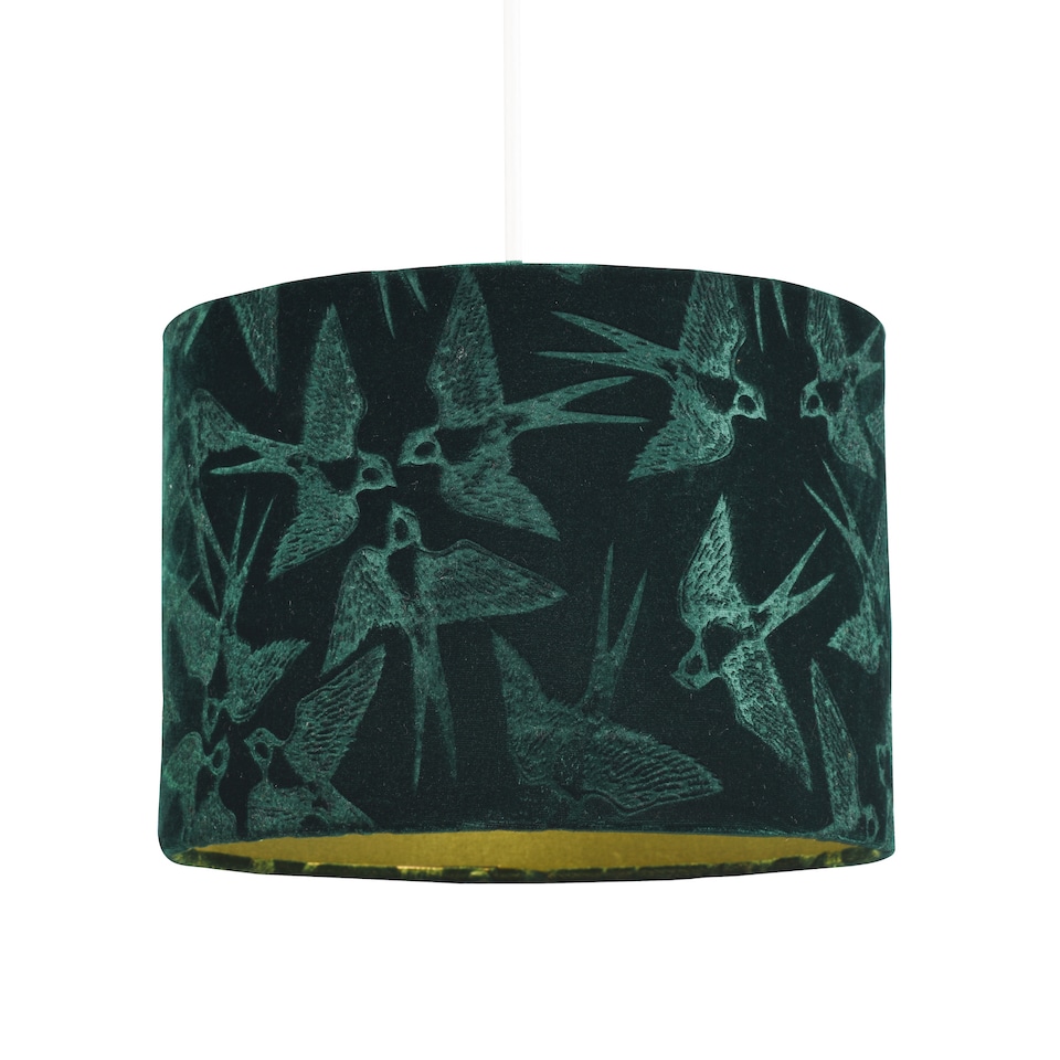 image 1 of Bird Decorated Dark Forest Green Velvet Fabric Lamp Shade with Inner Lining | Green | 10"