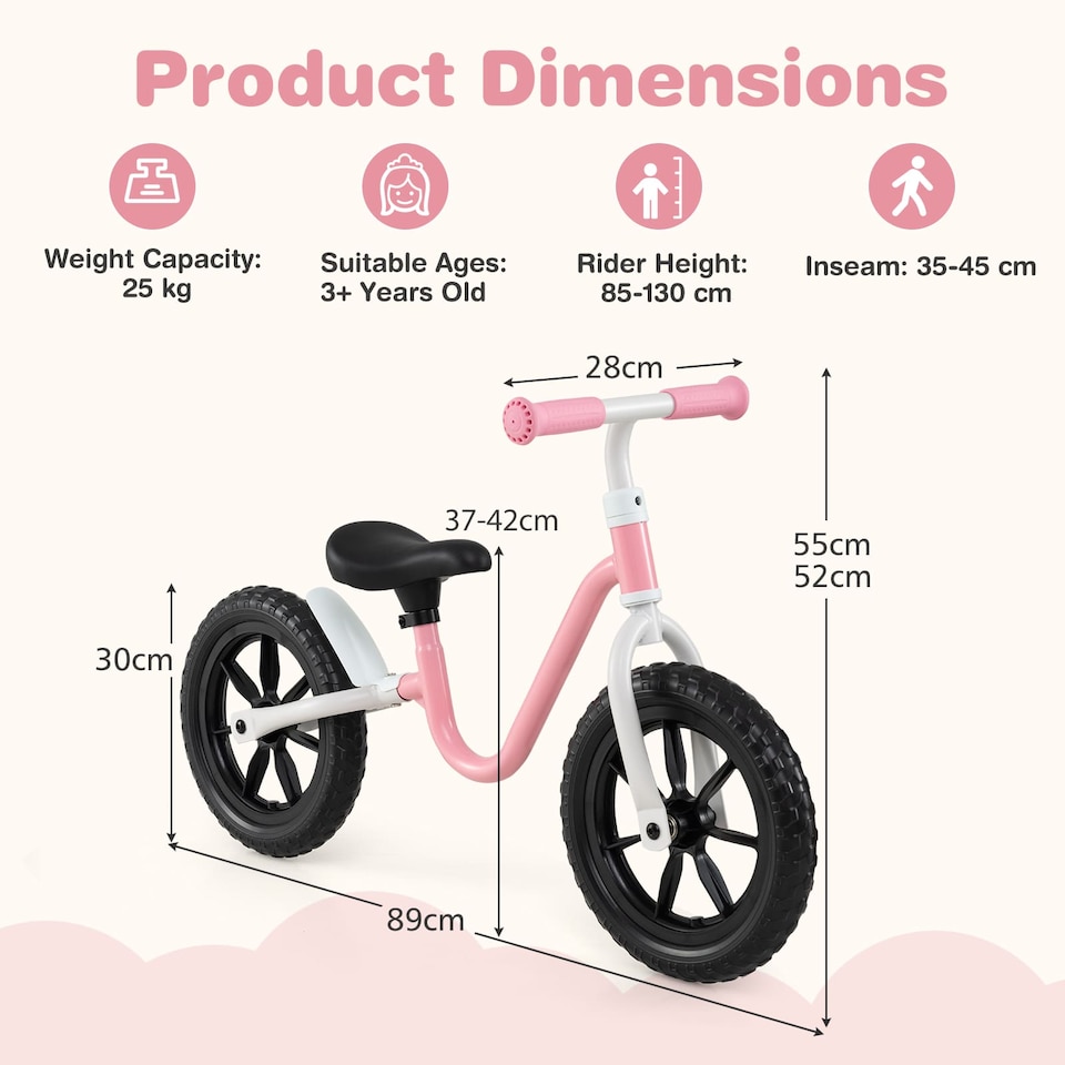 image 1 of COSTWAY 12” Balance Bike No Pedal Training Bicycle w/Adjustable Handle-Pink
