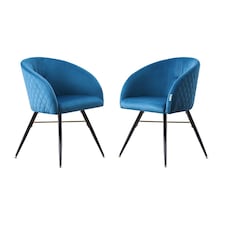 Set of 2 Vittorio Velvet Dining Chairs with Black Metal Legs, Quilted Design Modern Accent Chair | Blue