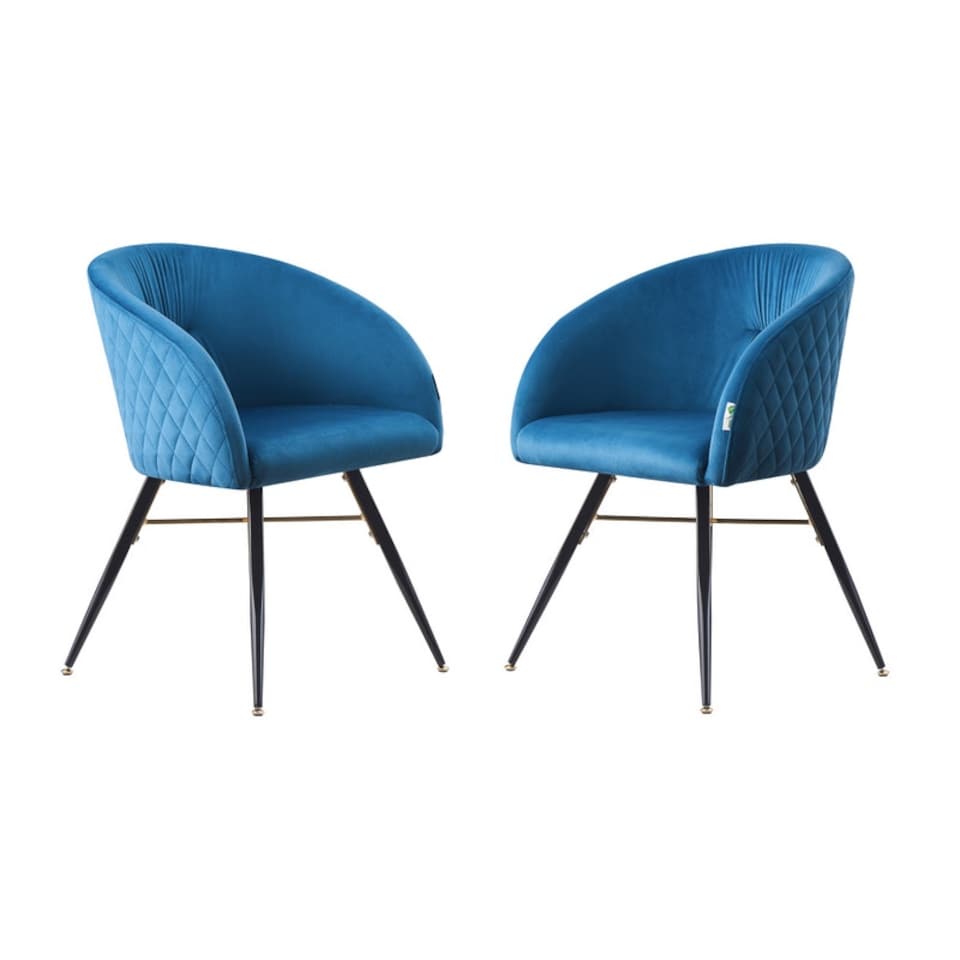 image 1 of Set of 2 Vittorio Velvet Dining Chairs with Black Metal Legs, Quilted Design Modern Accent Chair | Blue
