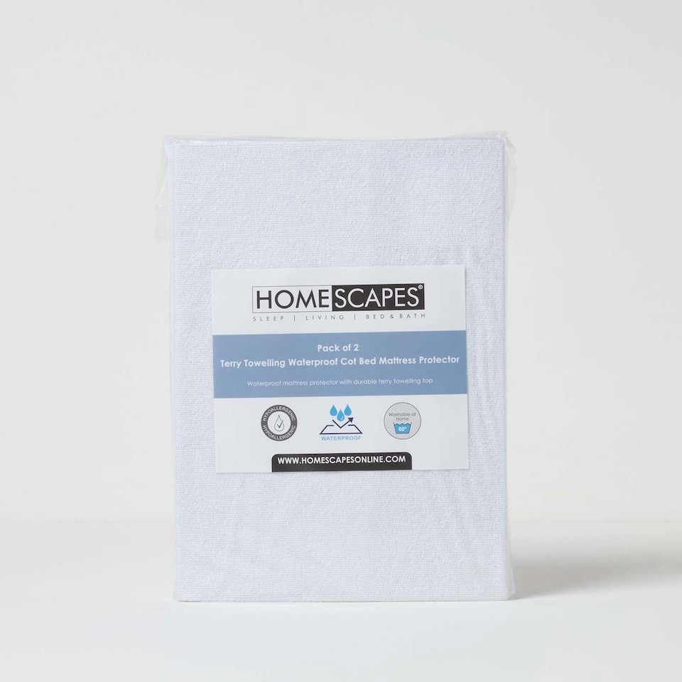 image 1 of Homescapes Cot Bed Terry Towelling Waterproof Mattress Protector - 60 x 120 cm - Pack of 2 | White | Cot Bed