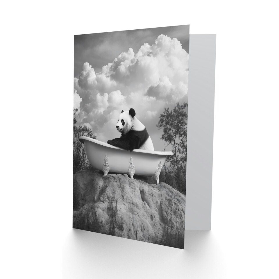image 1 of Panda Bear in Elegant Bathtub Black White Surreal Birthday Greeting Card