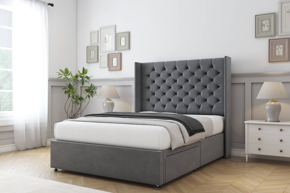 image 1 of Sloomy Dior Armour Coniston Divan Bed With Mattress No Drawers With 54" Wingback Headboard 4' Small Double | Grey | Armour | Small Double | 1