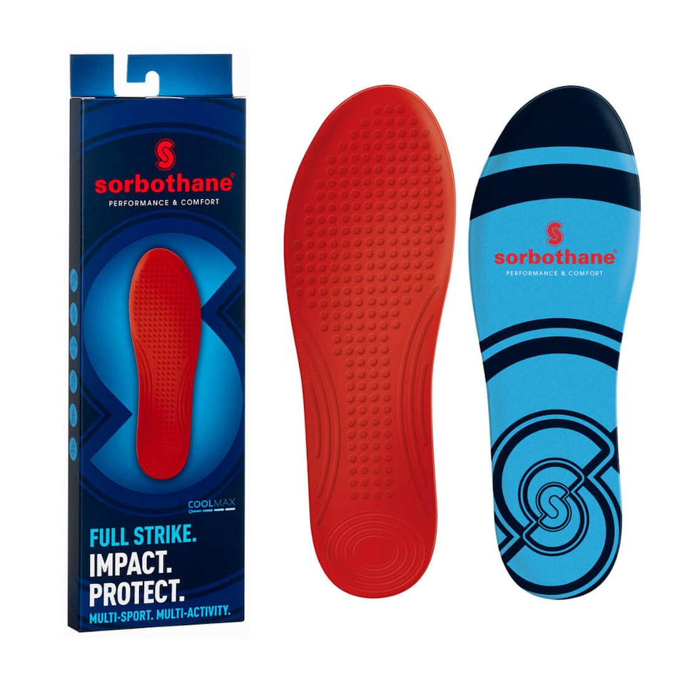 Sorbothane Full Strike Insoles (Red) — Viscoelastic full-foot shock absorption, Coolmax breathability and antibacterial top sheet, Pair. | Red | RED | 3-4.5 UK