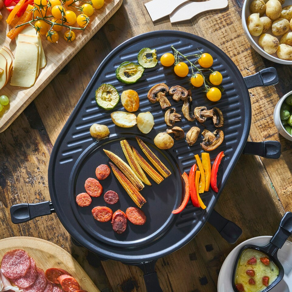 image 1 of Cooks Professional Electric Raclette Grill with Metal Plate Fondue Pans & Spatulas for Group Dining