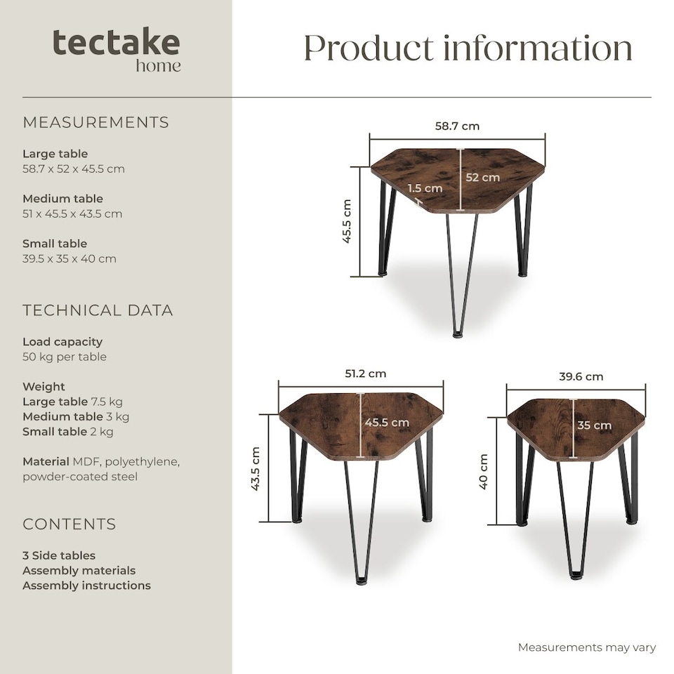 image 1 of Coffee Table Torquay - 3 nesting tables, industrial style | Brown | Industrial wood dark, rustic | 58,70 x 52 x 45,50 cm | 1