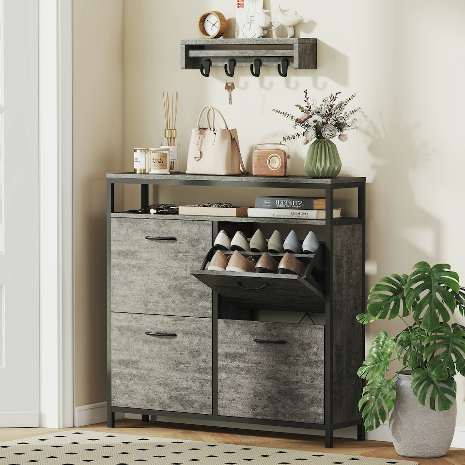 image 1 of HOMCOM Shoe Cabinet with 4 Flip Drawers, Holds 12-20 Pairs Brown | 98W x 24D x 95H cm