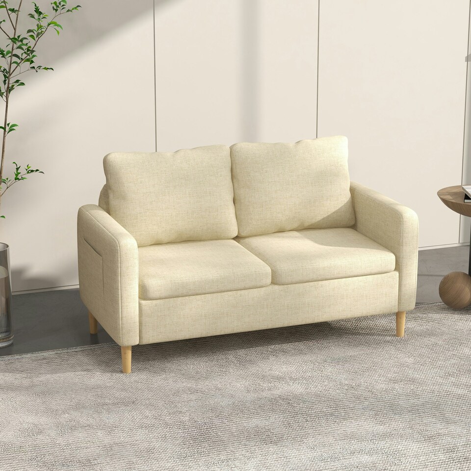image 1 of HOMCOM 2 Seater Sofa Modern Fabric Couch with Wood Legs and 2 Pockets Beige