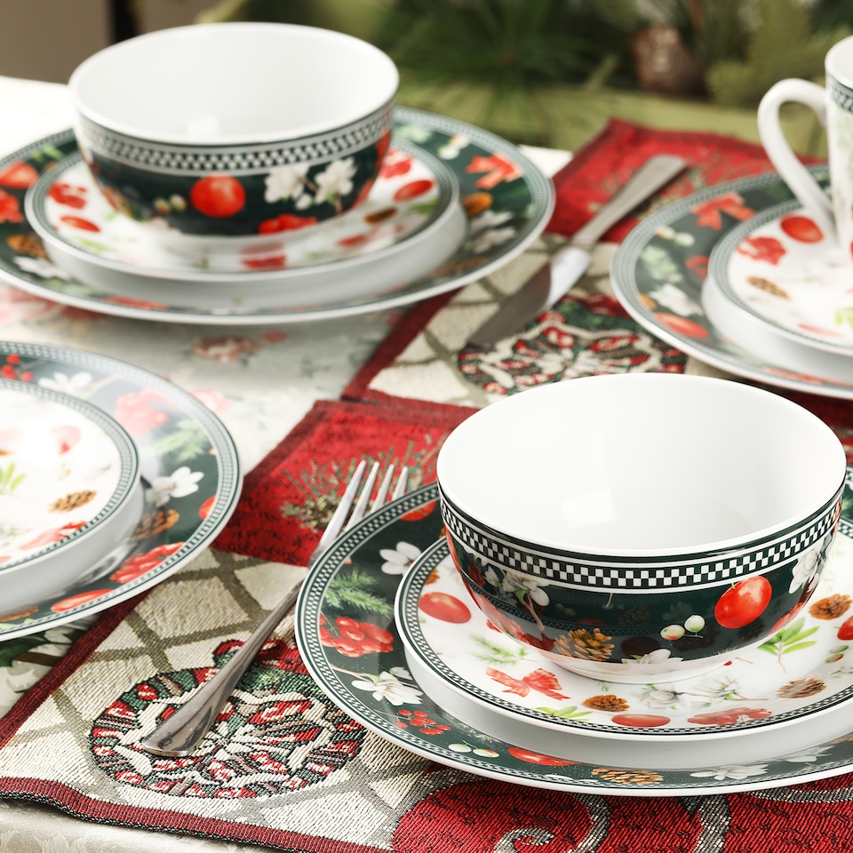 image 1 of simpa 24PC Christmas Flora Orchard Ceramic Dinner Set.