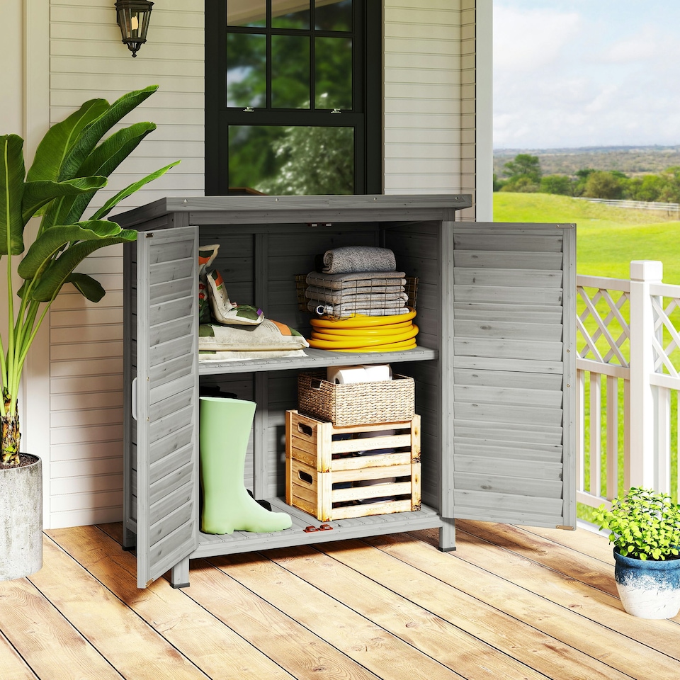 image 1 of Outsunny Garden Storage Shed Solid Fir Wood Garage Organisation w/ Doors Grey