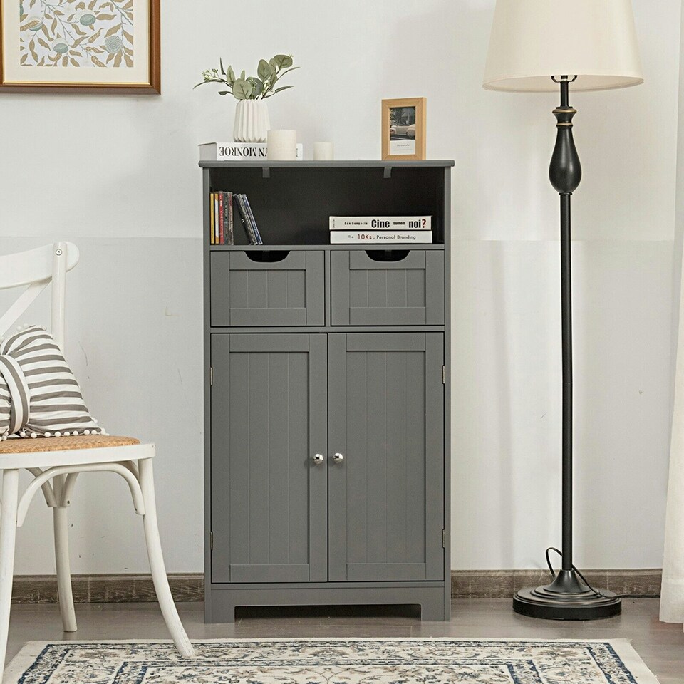 image 1 of COSTWAY Bathroom Cabinet Wooden Storage Cupboard Grey Grey