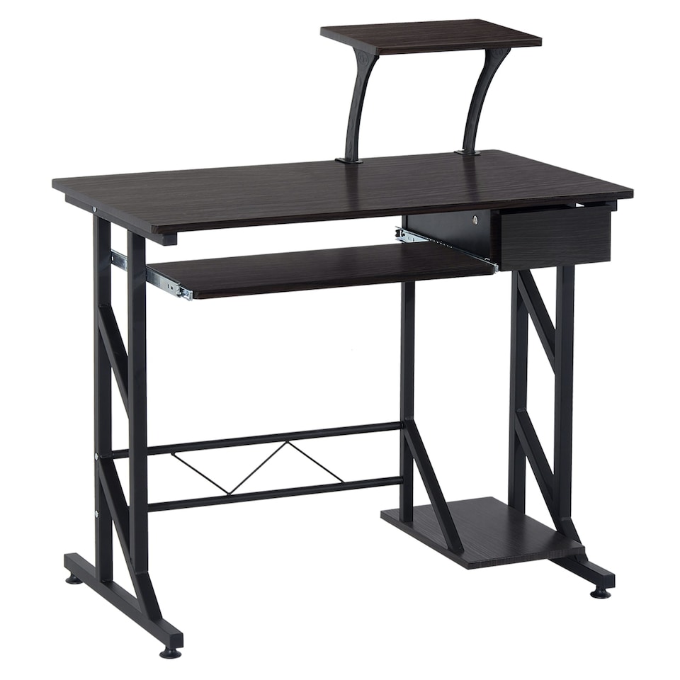 image 1 of HOMCOM Computer Desk Quality Office Home PC Shelf Tray Wood Station Dark Brown