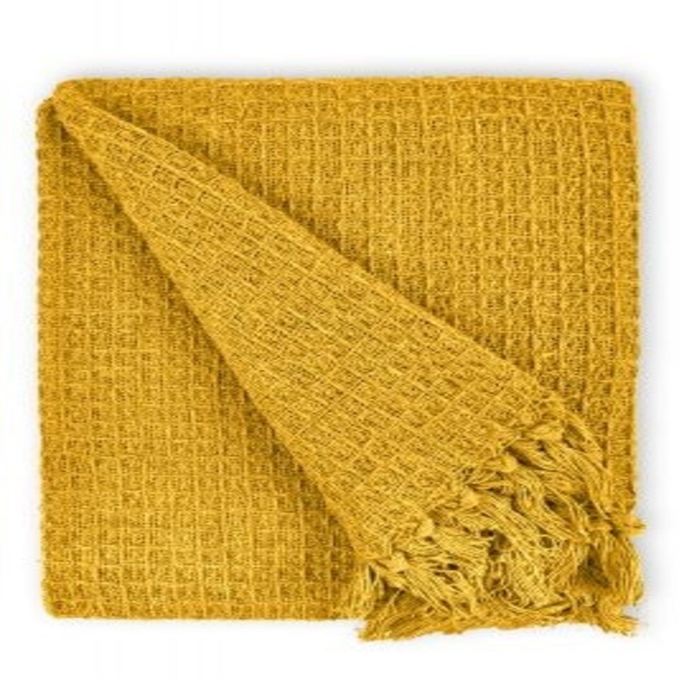 image 1 of Waffle Collection Recycled Cotton Throw in Ochre (90" x 100")