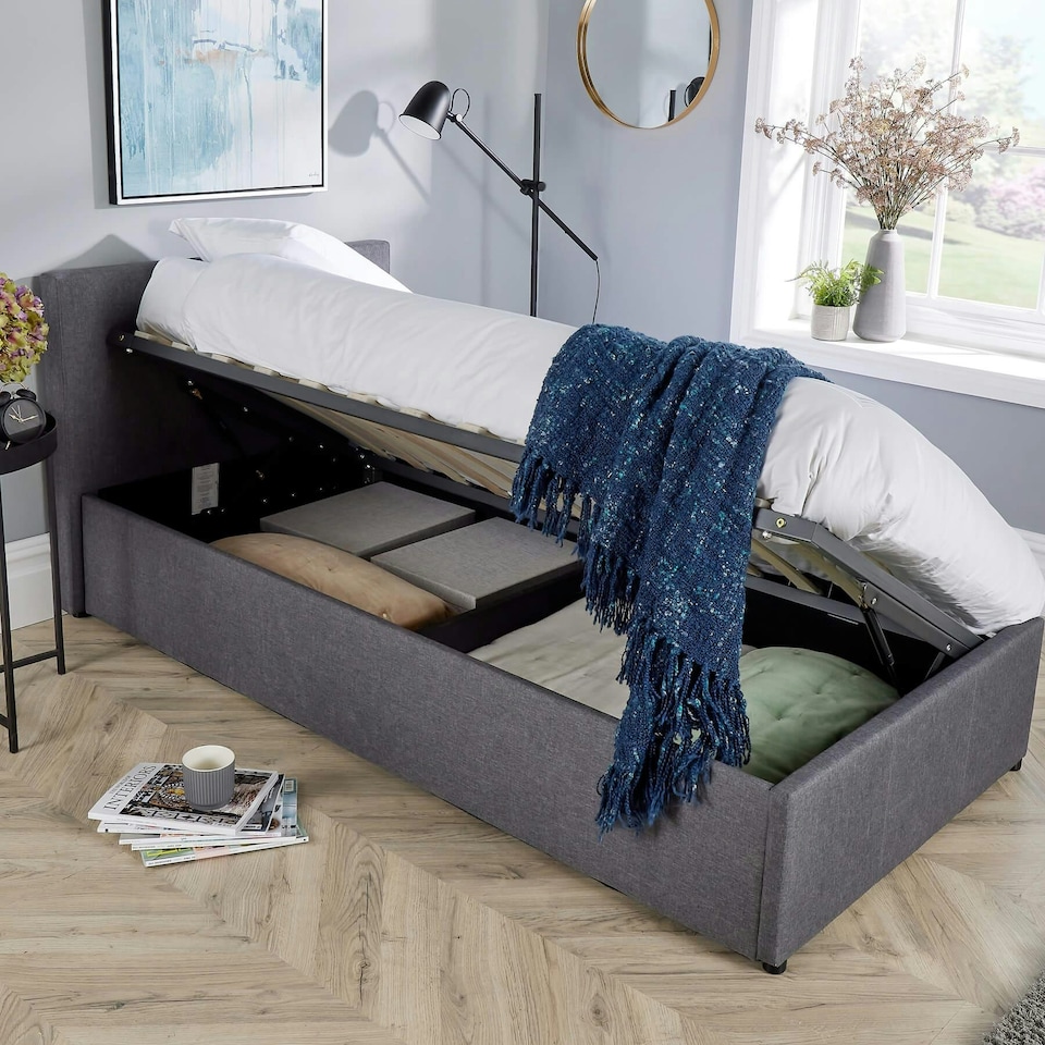 image 1 of Ottoman Side Lift Storage Bed Single Hopsack Fabric Bed Frame Gas Lift Furniture