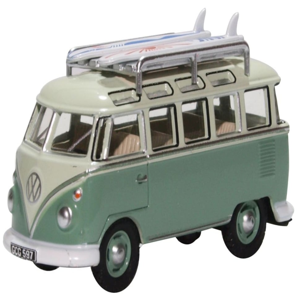 Oxford Diecast VW T1 Samba Bus/Surfboards Turquoise/Blue White