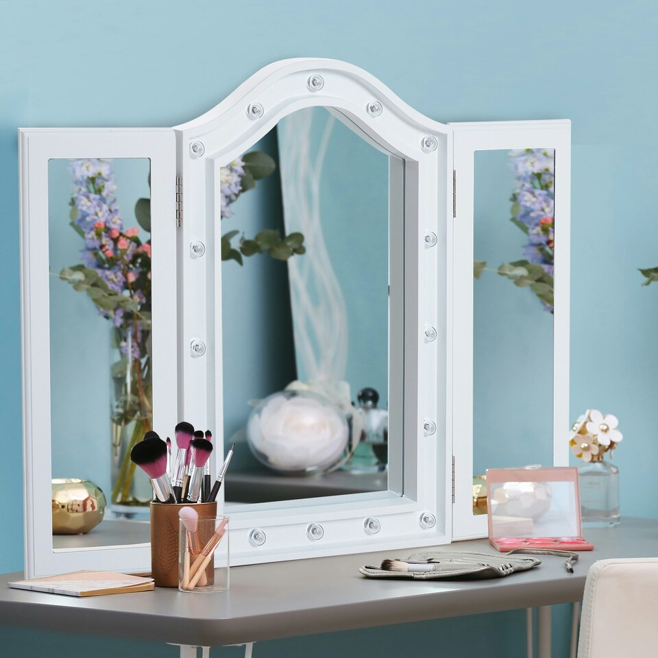 image 1 of HOMCOM Lighted Tri-Fold Vanity Mirror Large Cosmetic Mirror w/ LED Lights White