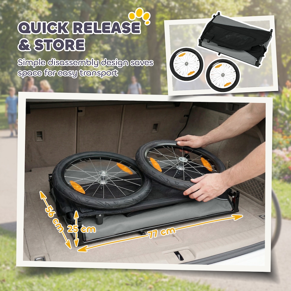 image 1 of PawHut Dog Bike Trailer for Small & Medium Pets with 20" Rubber Wheels, Grey
