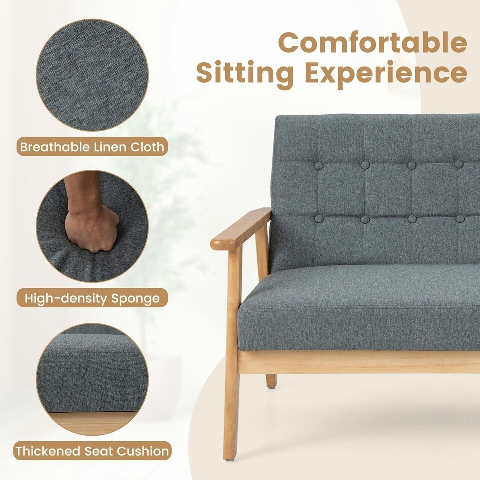 image 1 of COSTWAY Wooden 2-Seater Loveseat Upholstered Lounge Chair Grey