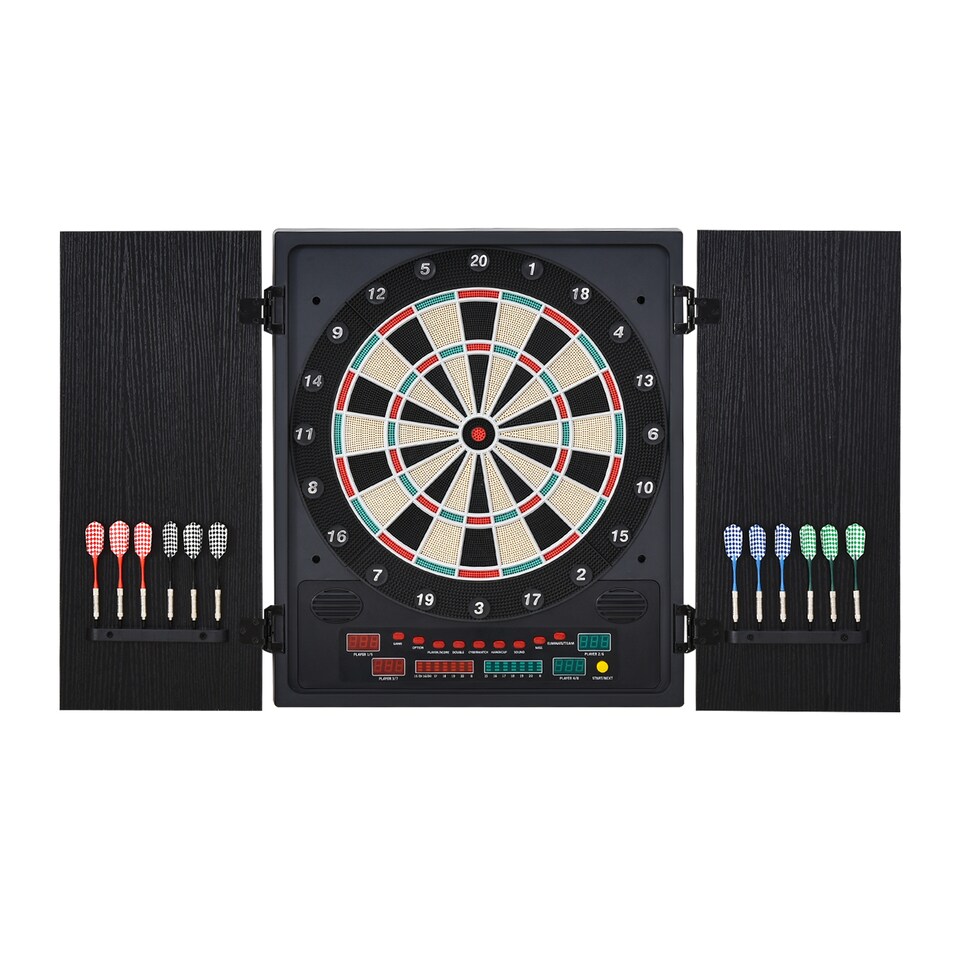 image 1 of HOMCOM Electronic Dartboard Set, 27 Games Modes and 202 Variations, LED & 12 Soft Tip Darts and Cabinet to Storage, Ready-to-Play Multi-Game Option Darts Machine
