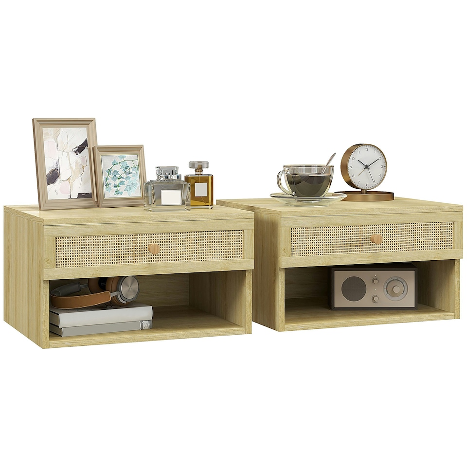image 1 of Floating Nightstands Set of 2 with Rattan Drawer and Storage Shelf for Bedroom