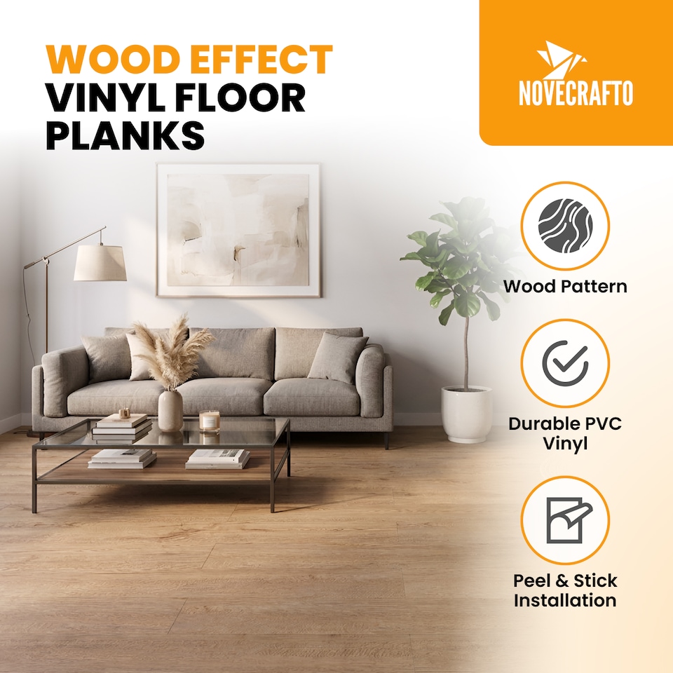image 1 of NOVECRAFTO Self Adhesive Vinyl Floor Planks – Peel & Stick Flooring – Honey Oak Timber Touch Effect – Easy DIY Installation – Durable & Waterproof Tiles | Brown | 1.39 sqm