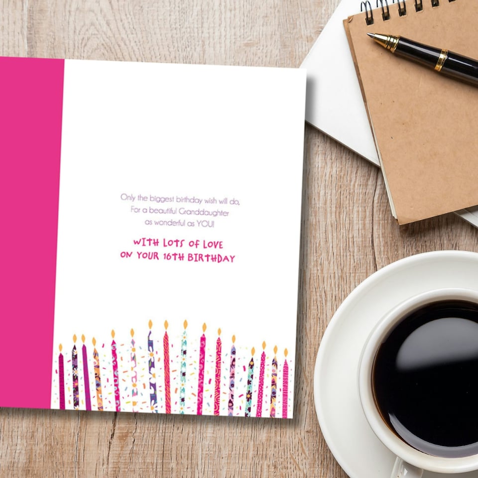 image 1 of Words 'n' Wishes 16th Birthday Card for Granddaughter, Patterned & Foiled Letters With Candles, Multicoloured, 23.5 x 16.5 cms