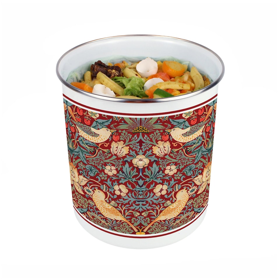 image 1 of Strawberry Thief Food Waste Caddy - Metal 2L Red Decorative Kitchen Compost Bin